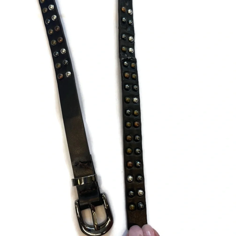 Multi-tone Studded Brown Thin Leather Belt Silvertone Hardwear Size Small Indie
